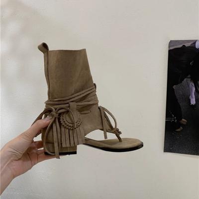 Ботильоны в стиле Майяр с толстым каблуком и бахромой на носке, крутые ботинки женские 2025 лето новые, в отпускном стиле, короткие ботинки, сандалии с вырезами