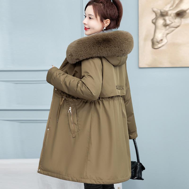 Пальто-парка средней длины с капюшоном и воротником из шерсти плюс для женщин, новое, свободного кроя, модное и универсальное, приталенное хлопковое пальто