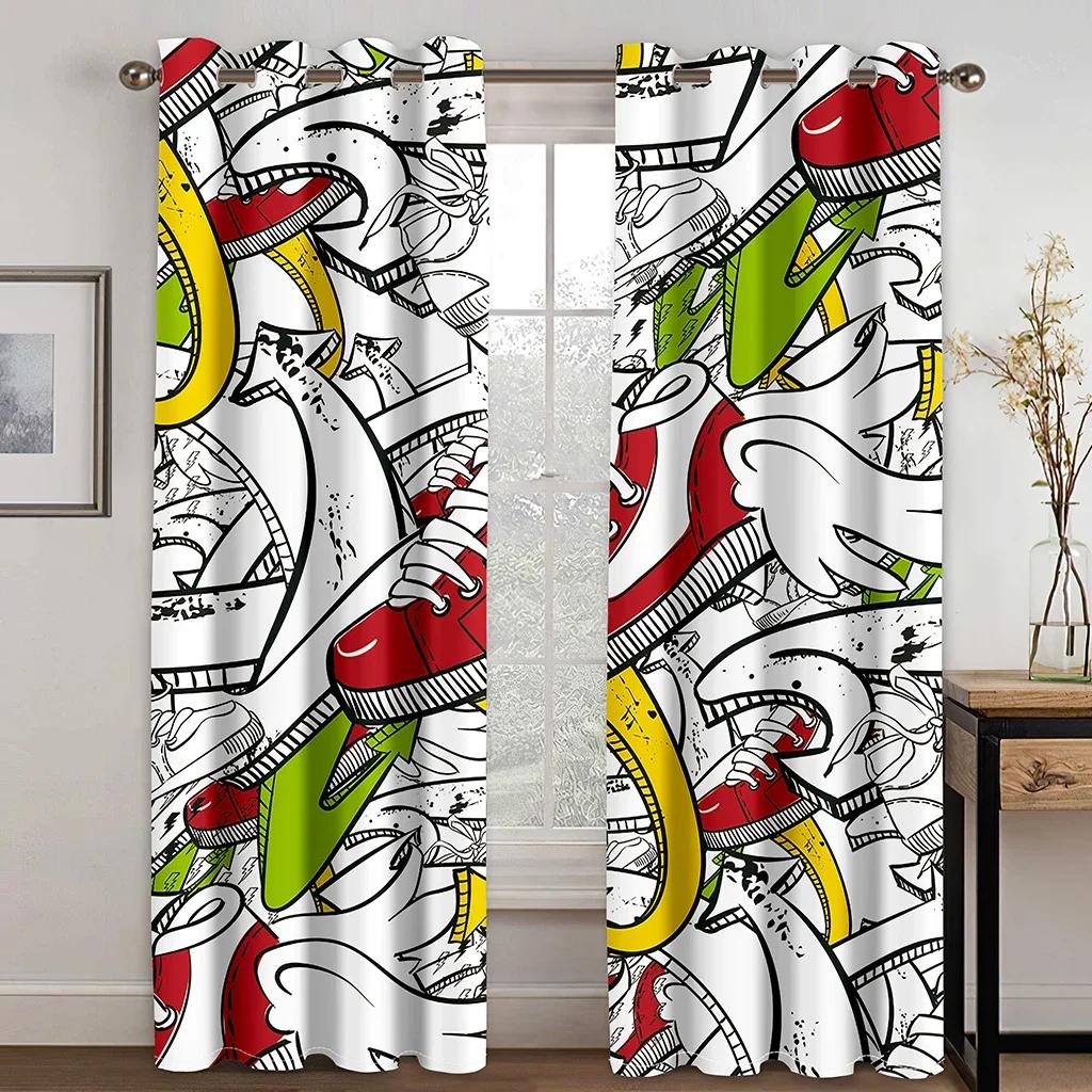 Кроссовки, граффити, шторы на окна в спальню для подростков, для детей, напечатанная ткань для оформления окон в гостиной, 2 панели