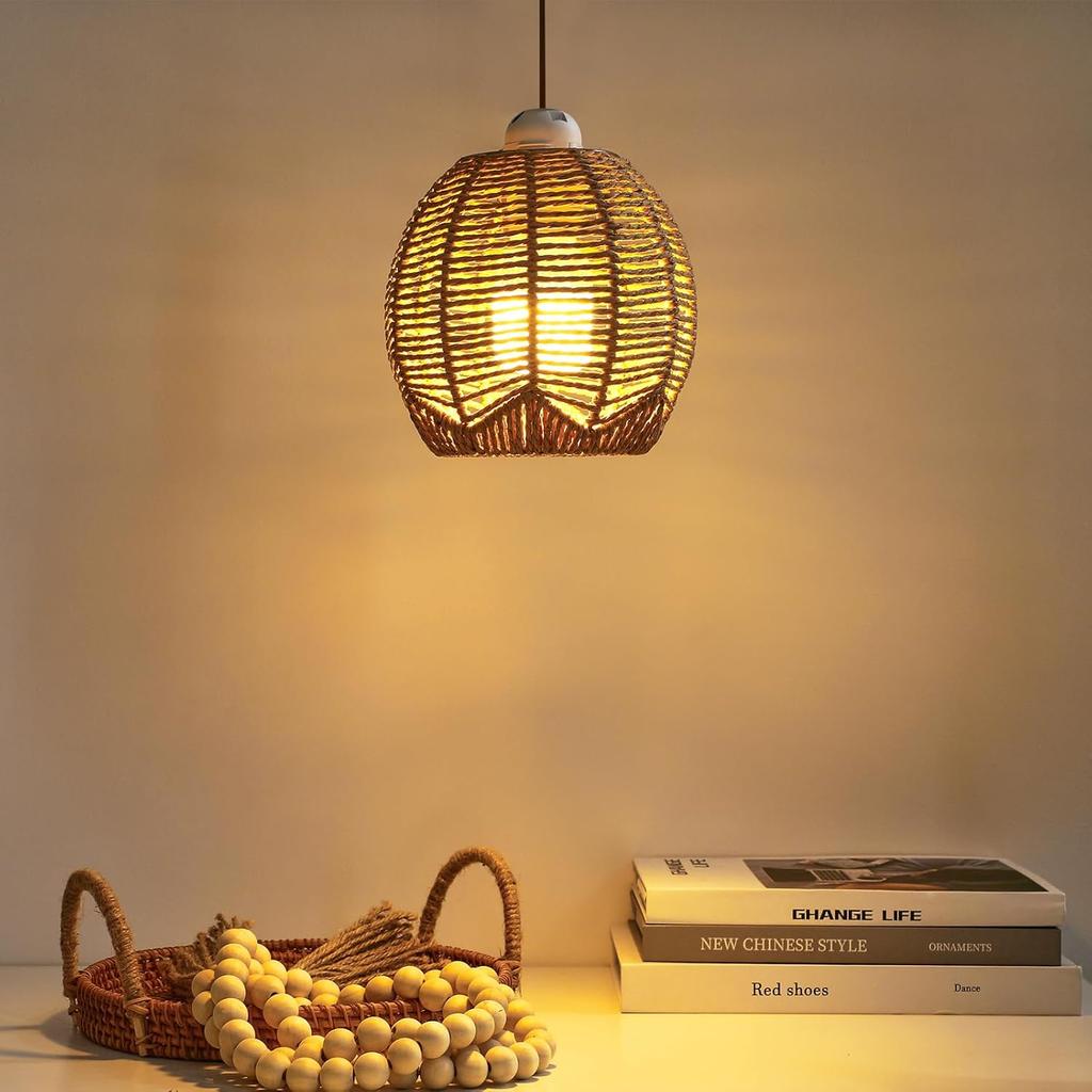 Wicker Globe Lamp Shade Woven Rattan Boho Lamp Shade Replacement Small Ceiling Fan Light Covers Retro Hanging Lampshade for Bedroom Living Room
