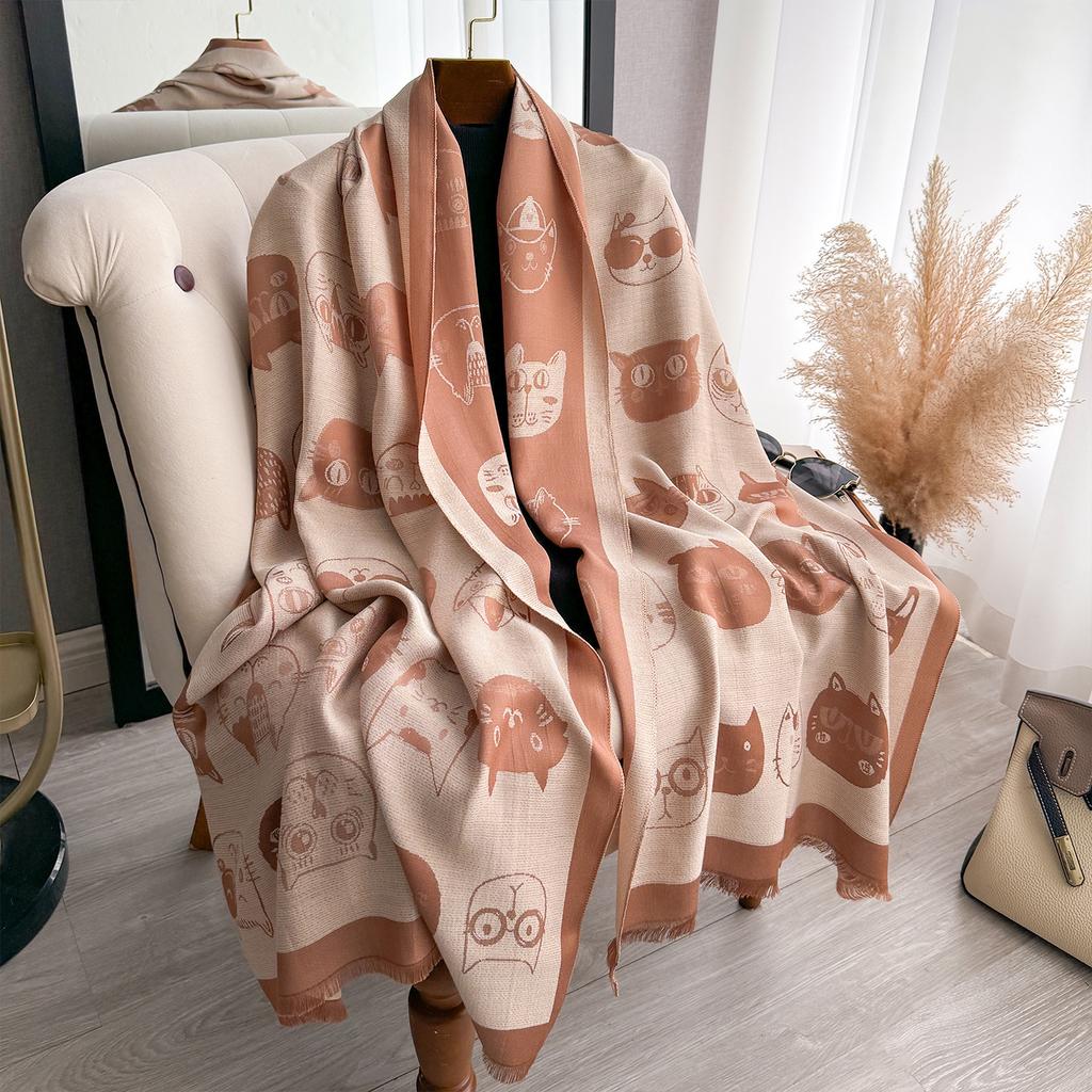 Funny Kitten Cat Head Cute Print Fashion Tencel Cotton Women'S Sunscreen Scarf Double-Sided Shawl