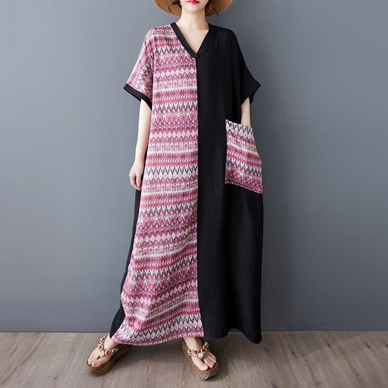 Короткий рукав Плюс размер Хлопок винтажный пэчворк новые платья для женщин повседневное свободное макси длинное летнее платье