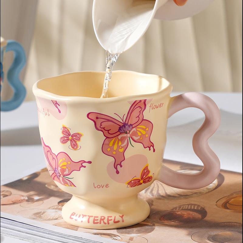 Ins Style Flower Goblet Cute Strap Home Single Cup Nordic Ceramic Cup Butterfly Pastoral Mug Set