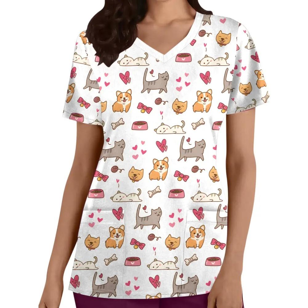 Clinical Uniform Cute Cat Cartoon Print Fashion Short Sleeve Casual V-Neck Vet Medical Clothes Women's T-shirts