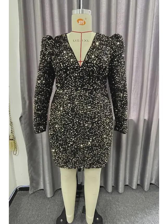 2025 Starry Sky Sequin V-образный вырез с рукавами-фонариками на Рождество вечернее платье