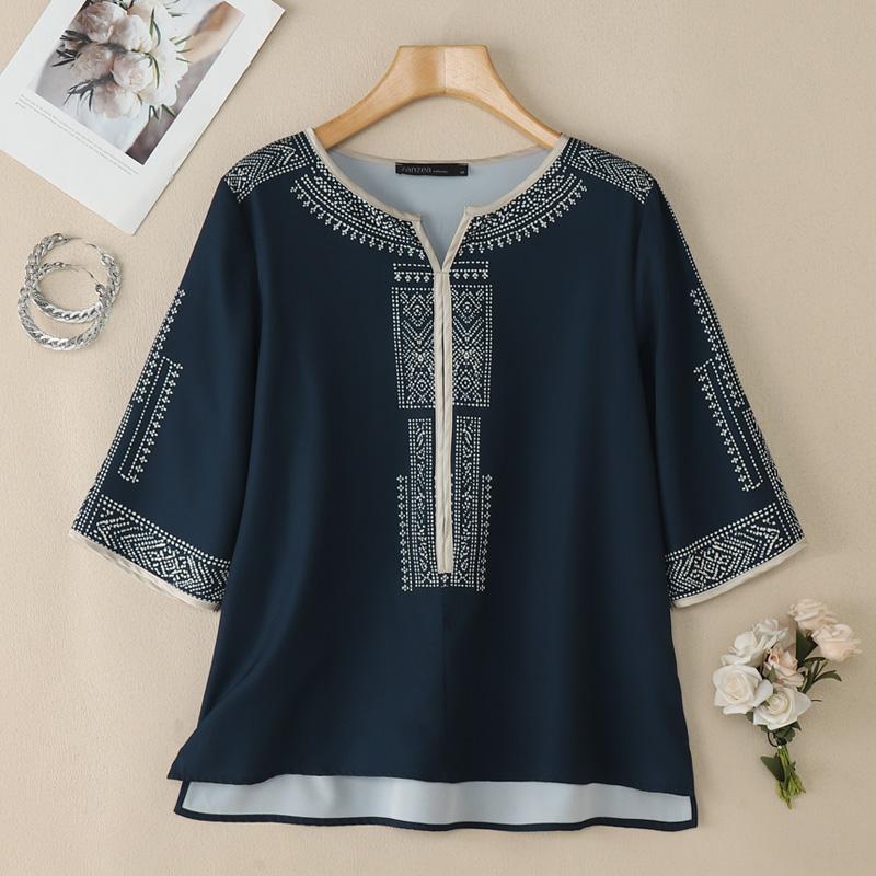 Vneck Zanzea Women 34 Casual Sleeve Loose Print Blouse