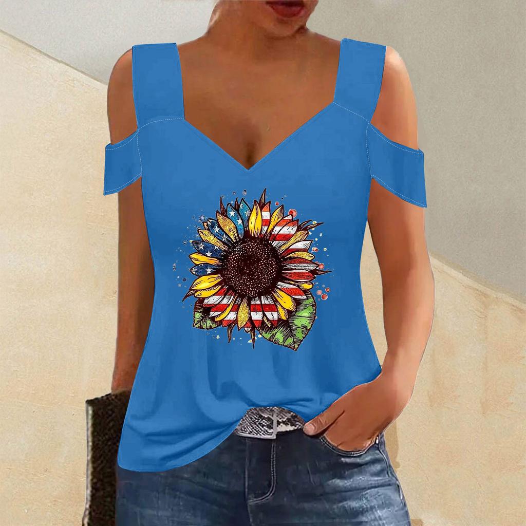 Summer Top Women's Top Short Sleeved Cold Shoulder V-neck Loose Basic T-shirt Casual Top Shirt Shirt