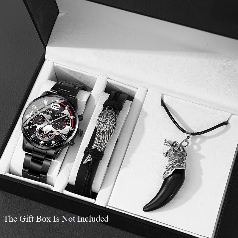 3pcs/set Men'sBusiness  Alloy Stainless Steel Pointer Quartz Wrist Watch & Bracelet Necklace Set