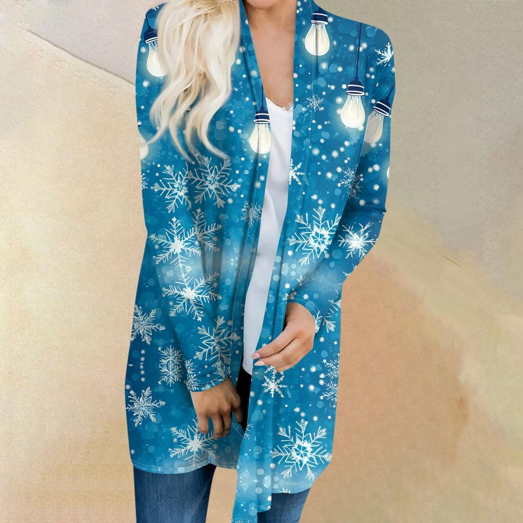 Женский модный и повседневный рождественский принтованный кардиган средней длины с длинными рукавами