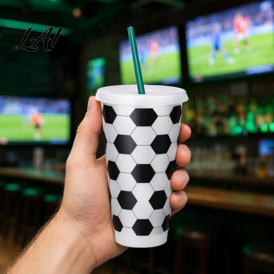 Fan Party Supplies Soccer Plastic Cup with Straw Football Shaped Cold Drink Tumbler Sports 710ml Capacity Reusable Soda for Game Day Large Sippy