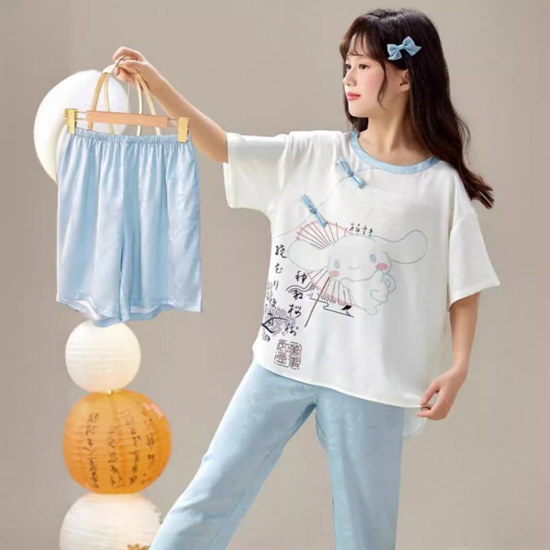 Girls Ice Silk Pajama Set Short Sleeve Chinese Style Sleepwear Teens 8 Years