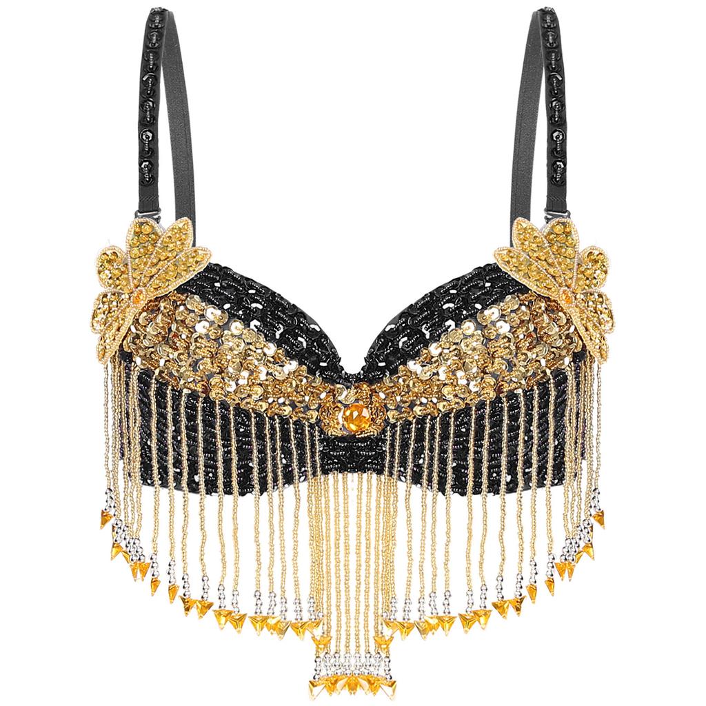 Womens Sparkly Sequins Belly Dance Top Adjustable Straps Plastic Beaded Tassels Underwired Bra