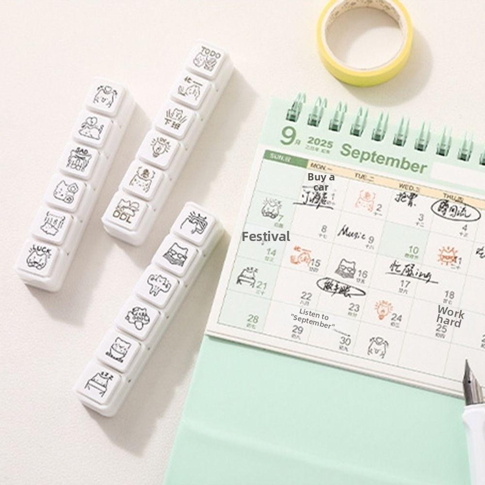 Cute Good Mood Series Cat Shape Stamp Mini DIY Cartoon Pattern Stamps 6 Lines Simple Diary Stamp Notebook Scrapbooking Decor