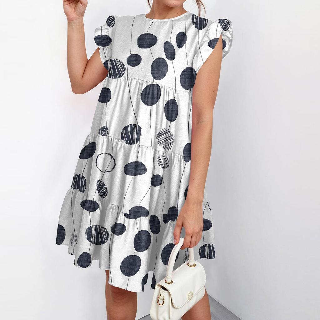 Женская мода лето повседневный О-образный вырез рукав оборки без рукавов струящаяся короткая туника платье