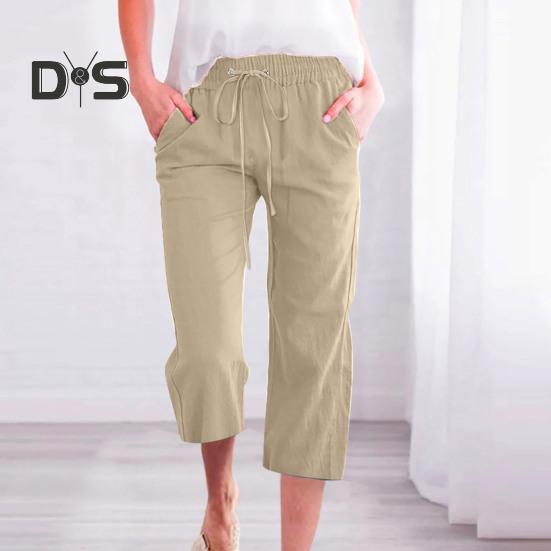 Женские летние брюки, спортивные штаны, однотонные, прямые, с мягкой эластичной резинкой на талии, брюки до середины икры, укороченные брюки
