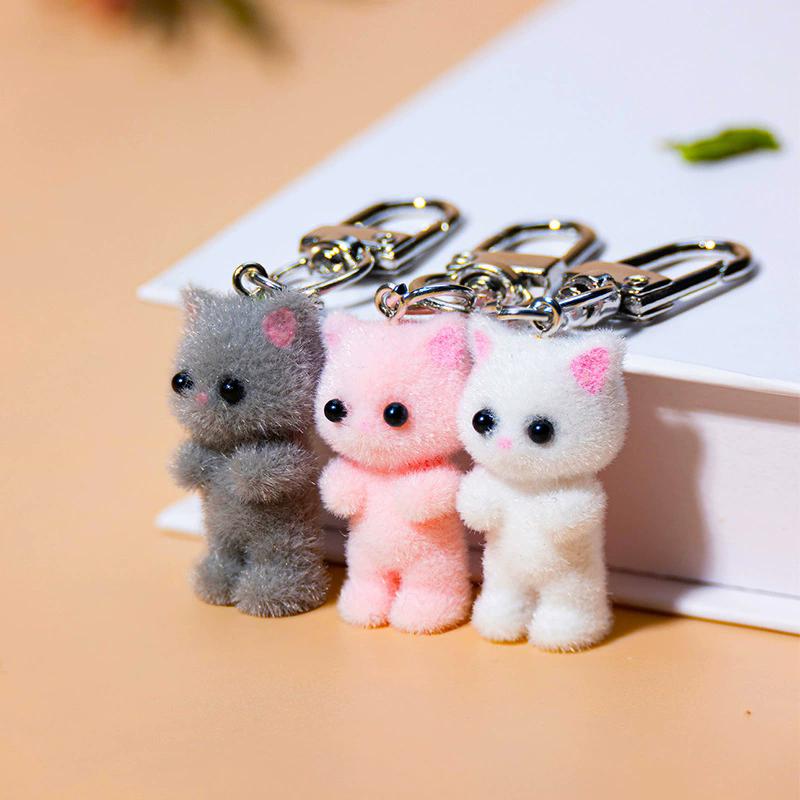 Cute 3D Flocking Kitten Keychain Cat Couple Mobile Phone Pendant Car Keyring Earphone Backpack Pendant