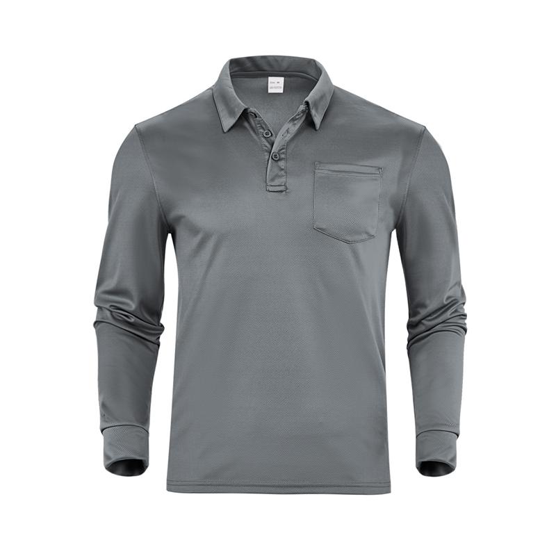 New Hot-selling Fashion Trend Men's Casual Loose Button Placket Solid Color Long Sleeve Mesh Fabric Polo Shirt with Collar