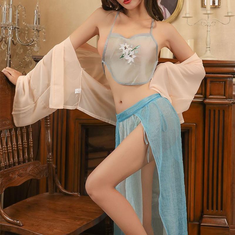 Sexy Underwear Classical Fairy Chiffon Multi-piece Long Dress Sexy Embroidery Belly Pocket Uniform Princess Suit