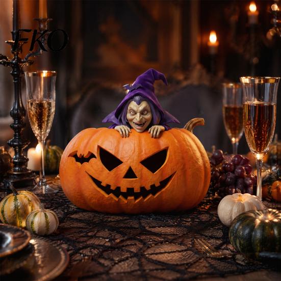 Halloween Pumpkin Witch Resin Figurine, Spooky Bat Detailed Tabletop Decor, Stable Compact Sculpture Base Mini Statue for Window Showcase Home