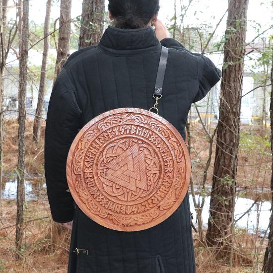 Nordic Rampage Wooden Small Round Shield Handmade Functional Woodcut Costume Reenactment Norse Viking Warrior Crest Shield