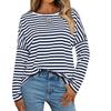 Womens Long Sleeve Crew Neck Striped Casual T-Shirt Loose Fit Cotton Blend Fall 2026