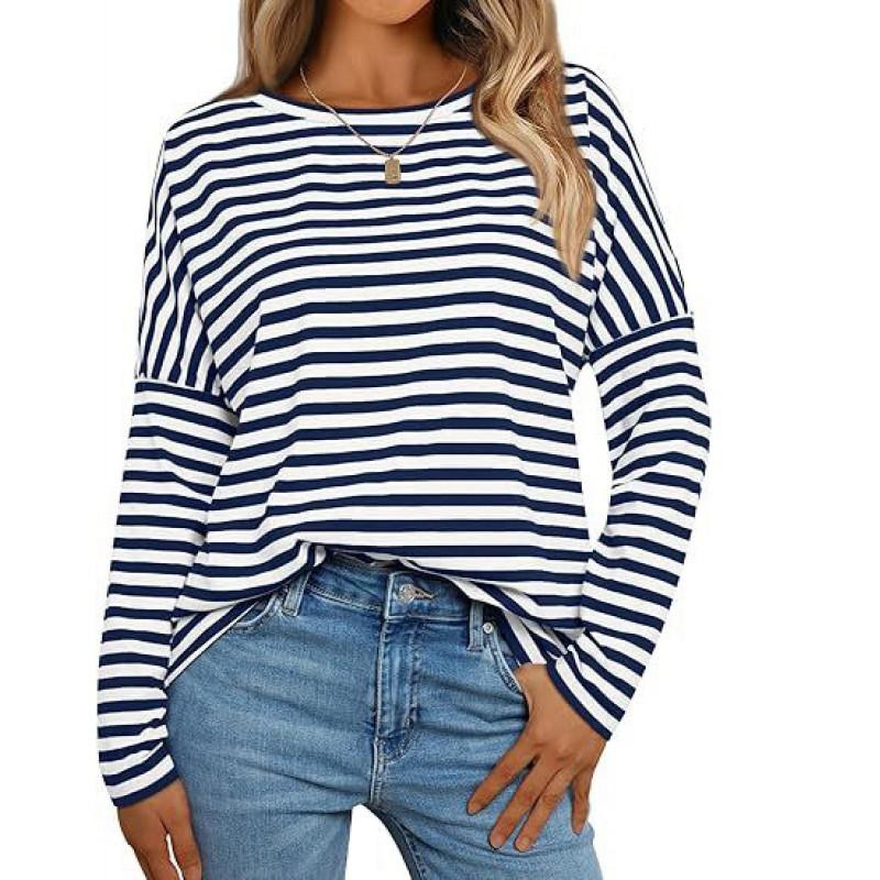 Womens Long Sleeve Crew Neck Striped Casual T-Shirt Loose Fit Cotton Blend Fall 2026