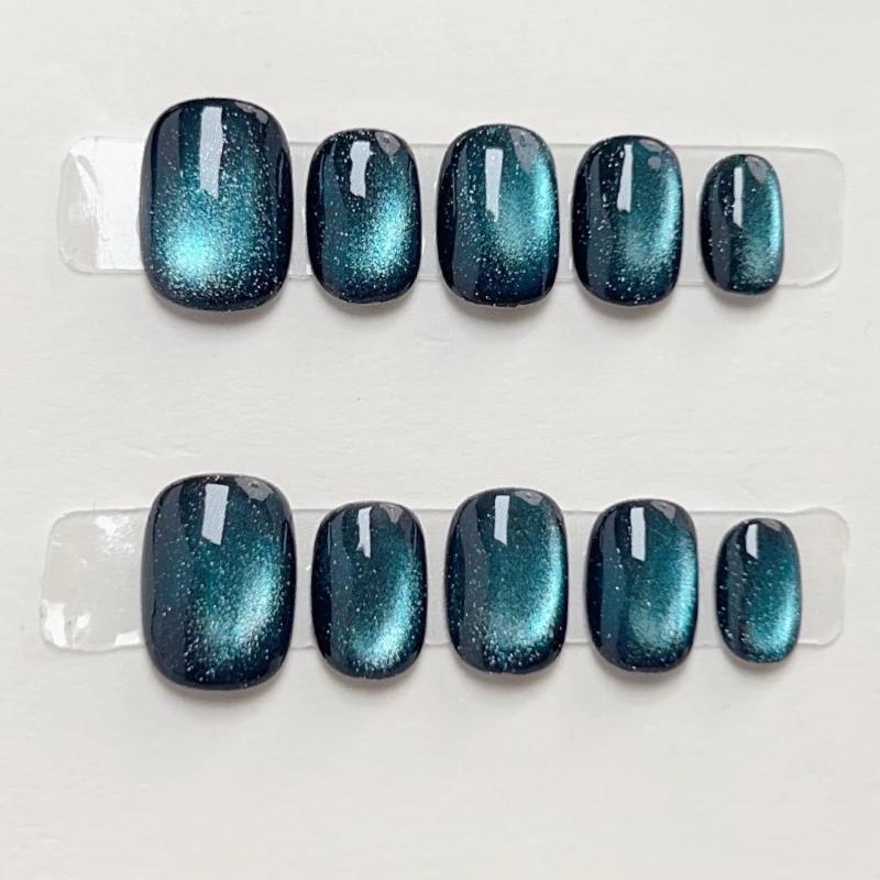10Pcs Handmade Press on Nails Full Cover Cute Cat Eye Glitter Design Short Ballerina False Nails Wearable Manicure Nail Tips Art