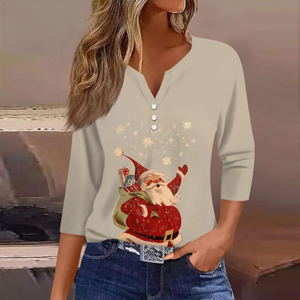 Женская мода повседневная рубашка с рукавом три четверти и рождественским принтом