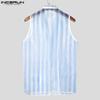 INCERUN Men Lapel Sleeveless Buttons Striped Transparent Mesh Sheer Waistcoats