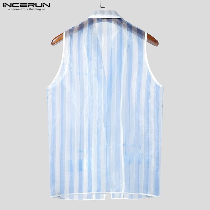 INCERUN Men Lapel Sleeveless Buttons Striped Transparent Mesh Sheer Waistcoats
