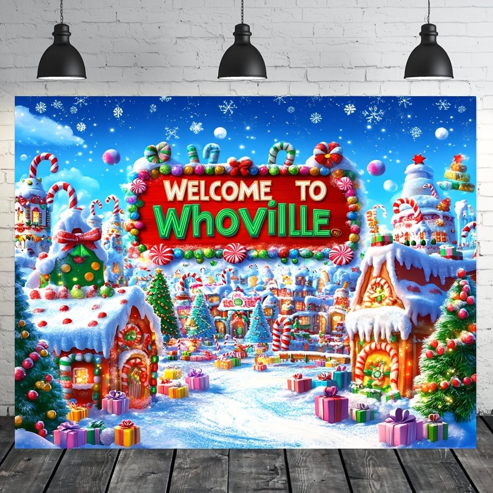 2D flat banner 1 person Whoville Christmas background - a winter scene of snowfall during the holiday gingerbread house