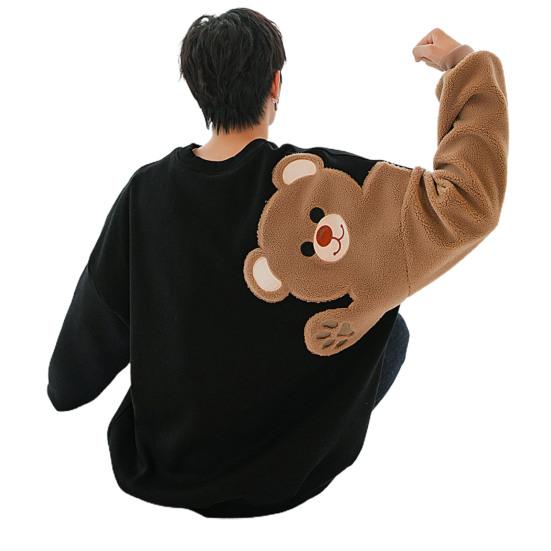 Мужская толстовка с напуском и вышивкой медведя, свободная флокированная студенческая толстовка