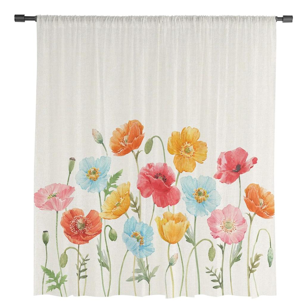 Акварельные прозрачные шторы с цветком мака для гостиной, спальни, тюлевые занавески для кухни, вуаль, шторы, жалюзи, панели
