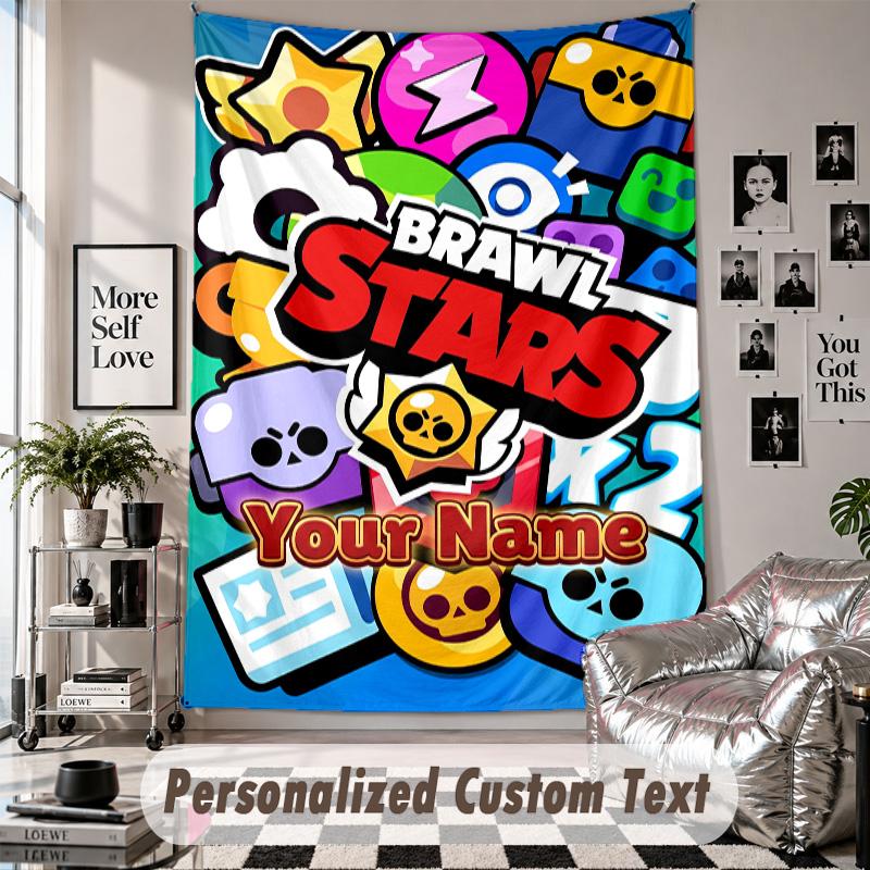 Wall Hanging Tapestry With Custom Name & Text, Brawl Stars Decorative Tapestry For Bedroom