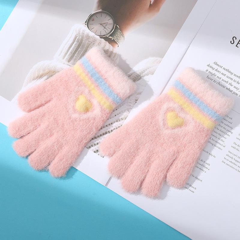 Новая Любовь Полосатые Девочка Теплые Перчатки Зима Защита от Холода и Утепленные Детские Вязаные Велосипедные Игры Снег Письмо Пять Пальцев