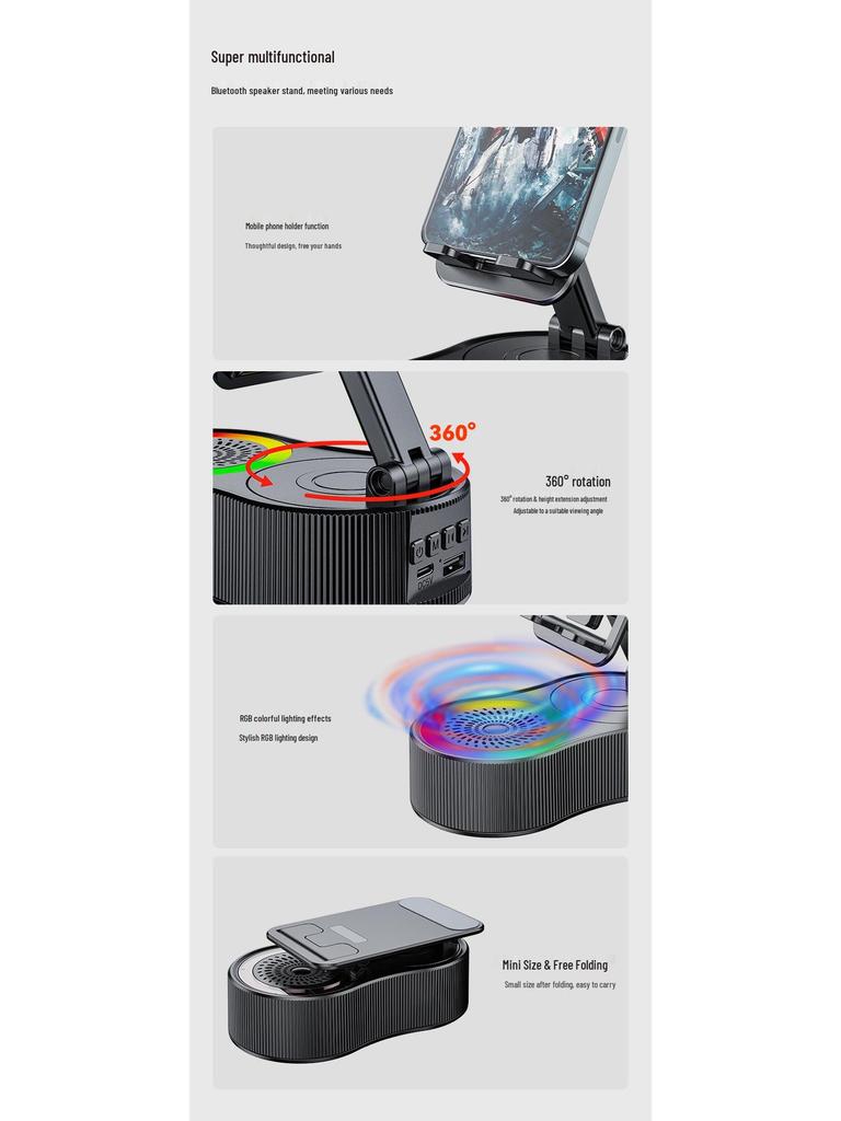 360° Rotating Phone Holder with Power Bank, Bluetooth Speaker & Portable Atmosphere Light