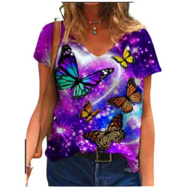V-neck Short Sleeved Top with Sexy 3D Animal Butterfly Dragonfly Print Women's T-shirts