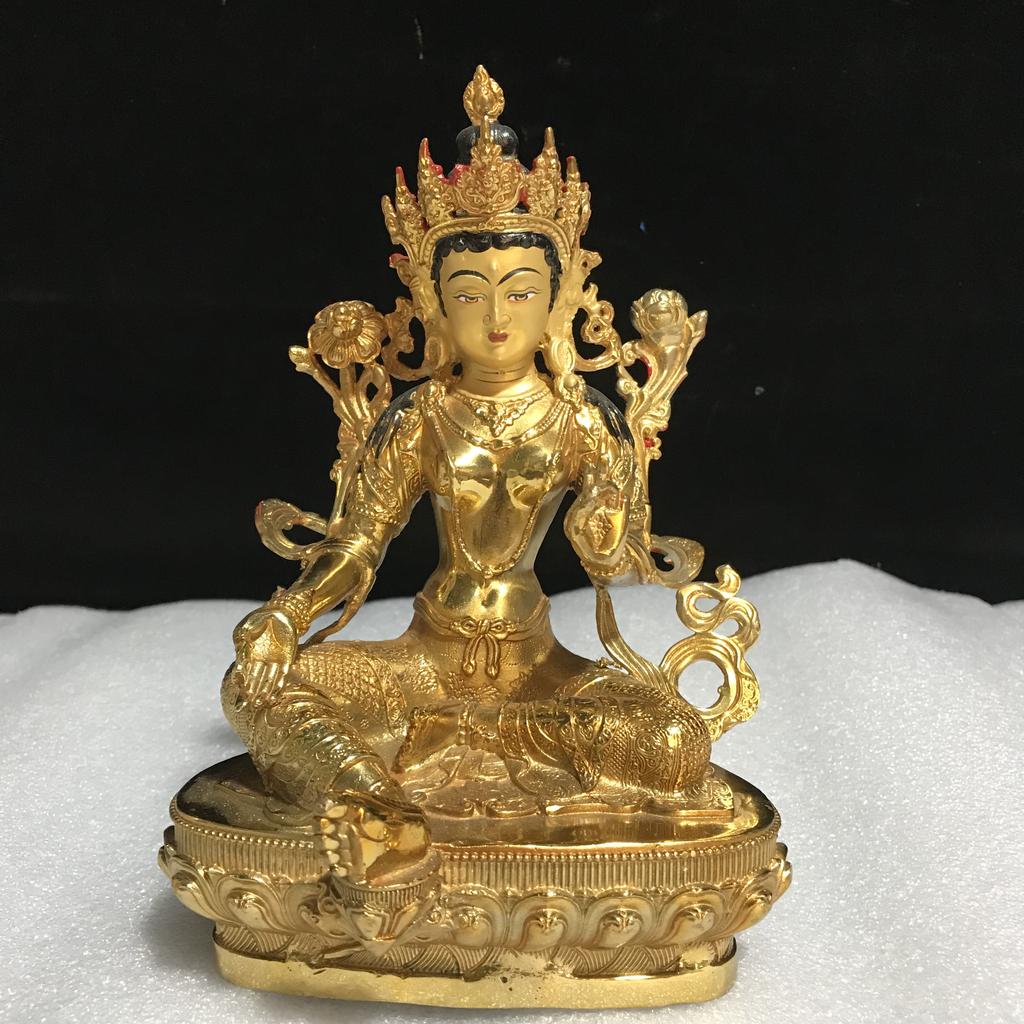 Высококачественная тибетская непальская буддийская позолоченная зеленая статуя Будды Тары Гуаньинь эффективно защищает большие украшения