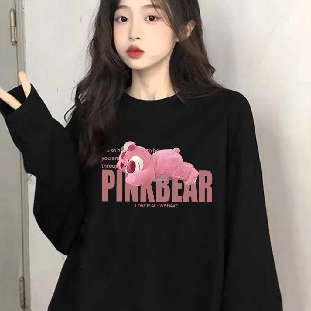 Модная женская футболка с длинным рукавом и круглым вырезом из чистого хлопка - Шикарный мультяшный дизайн, Повседневный свободный крой для весны и осени 2025