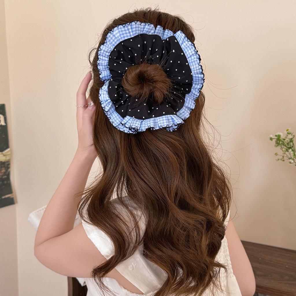 Элегантная сине-белая резинка-скранчи в горошек с кружевной отделкой, милая тканевая резинка для волос, принт, идеально подходит в качестве стильного аксессуара для волос