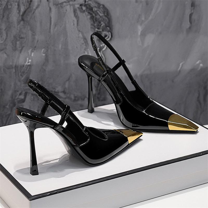 Fashion New Patchwork Gold Black Sandals Metal Square Toe Stiletto High Heels Slingback Sexy Spring Summer Women Pumps 2024 New Trend