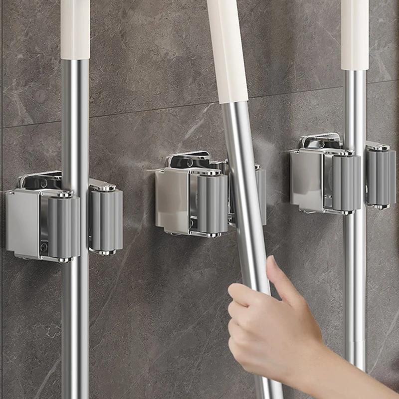 12/1pc Wall Mounted Mop Holder Clips Stainless Steel Mop Broom Hanger Rack Waterproof Kitchen Bathroom Storage Shelf Hooks