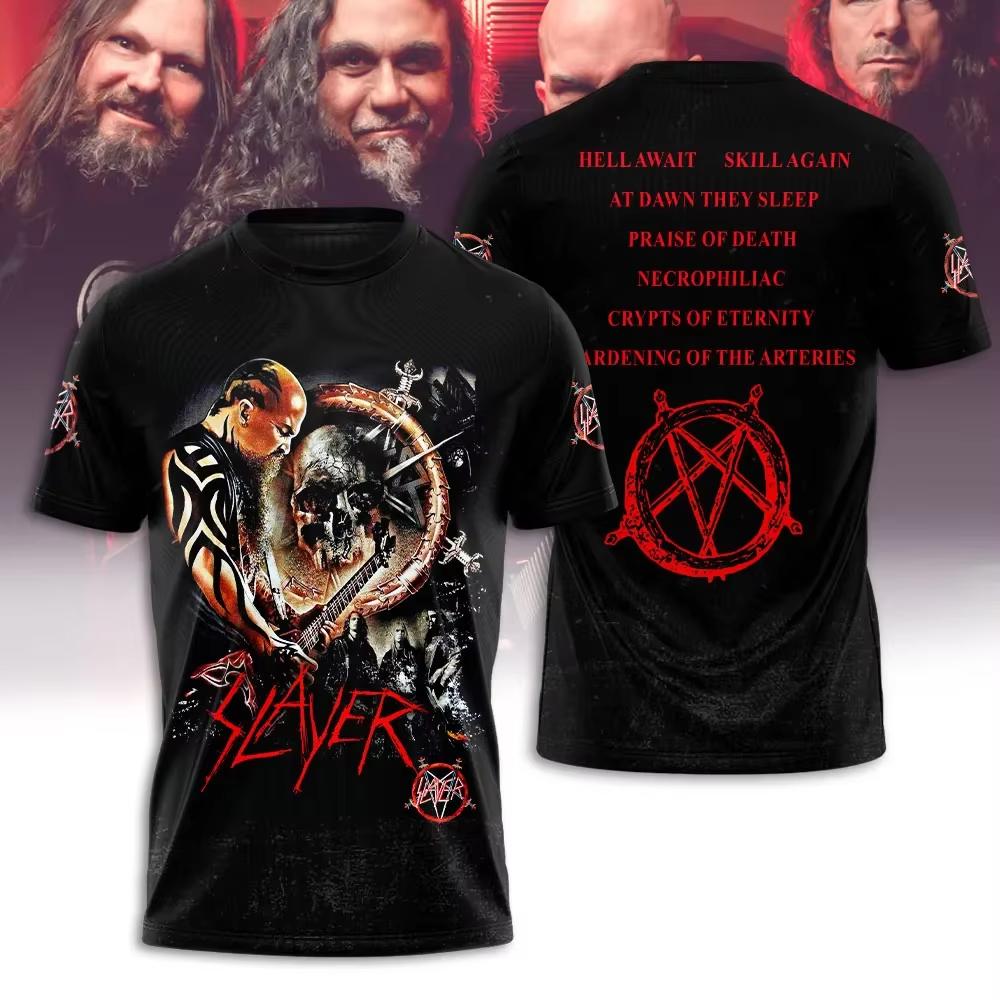 Новая футболка с 3D-принтом группы Rock Slayer Мужская Женская Модная Большого размера Хип-хоп Топы Футболка Короткий рукав Повседневная Мужская Одежда