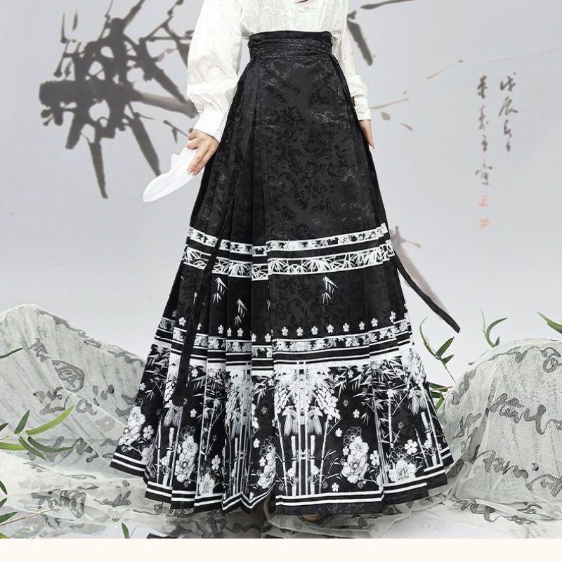 Повседневная юбка с воротником-стойкой в стиле китайской династии Мин из жаккарда с принтом листьев бамбука и лошадиным лицом
