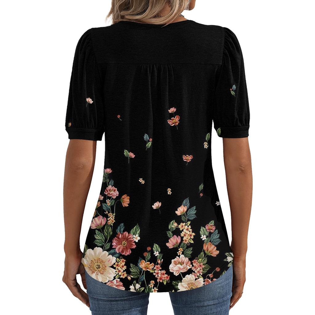 Женские пышные туники с короткими рукавами, топы, плиссированные блузки с воротником, повседневные свободные весенне-летние футболки