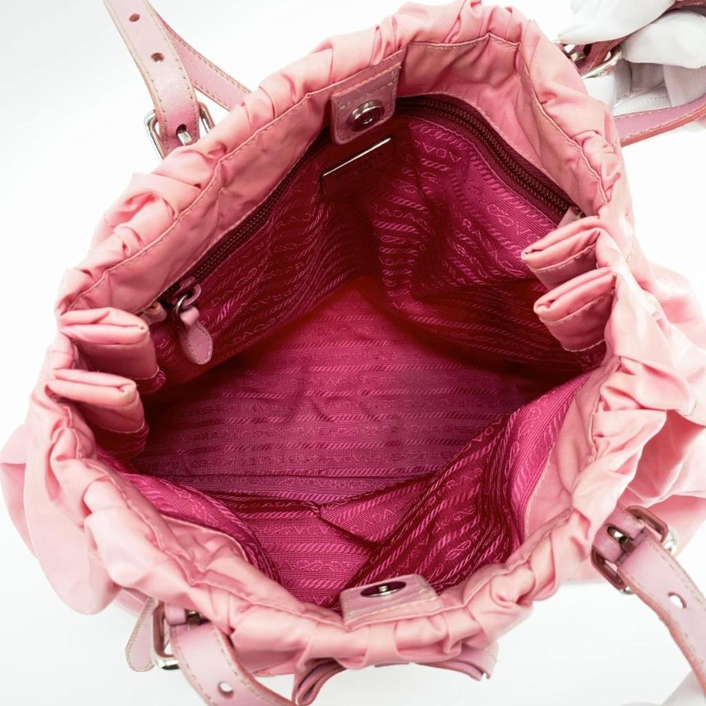 PRADA Pocono Tessuto Nylon Ribbon Hand Tote Bag One Shoulder Strap Leather Pink Silver Hardware Triangle Logo Plate