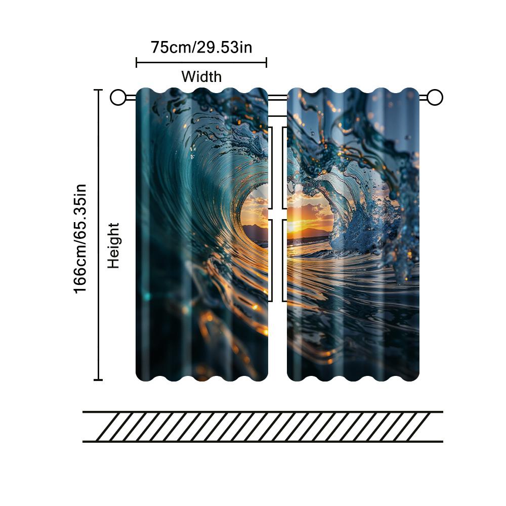 2 pcs, filtering curtains (excluding rods, non-movable, without batteries) Sunset Ocean Wave for use in bedrooms and living
