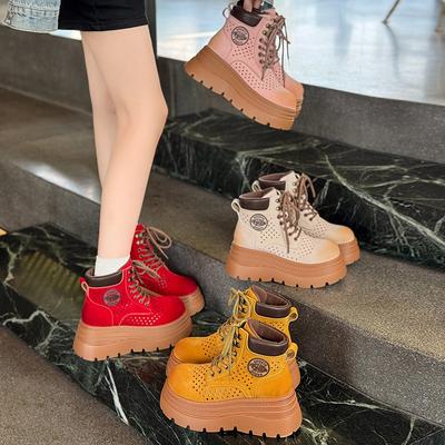 Полые и дышащие маленькие ретро ботинки Мартин женские в британском стиле 2025 лето новые увеличивающие рост маффины толстая подошва короткие ботинки