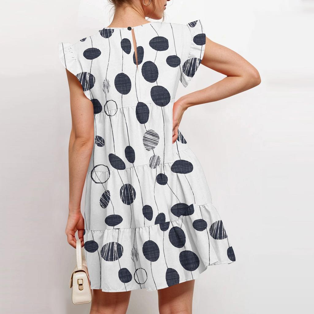 Женская мода лето повседневный О-образный вырез рукав оборки без рукавов струящаяся короткая туника платье