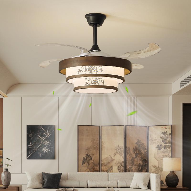 Song Dynasty Mid-Century Retro Solid Wood Invisible Ceiling Fan Light for Bedroom, Living Room, and Restaurant.